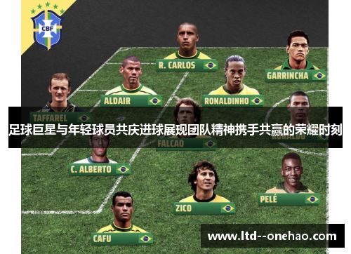 足球巨星与年轻球员共庆进球展现团队精神携手共赢的荣耀时刻